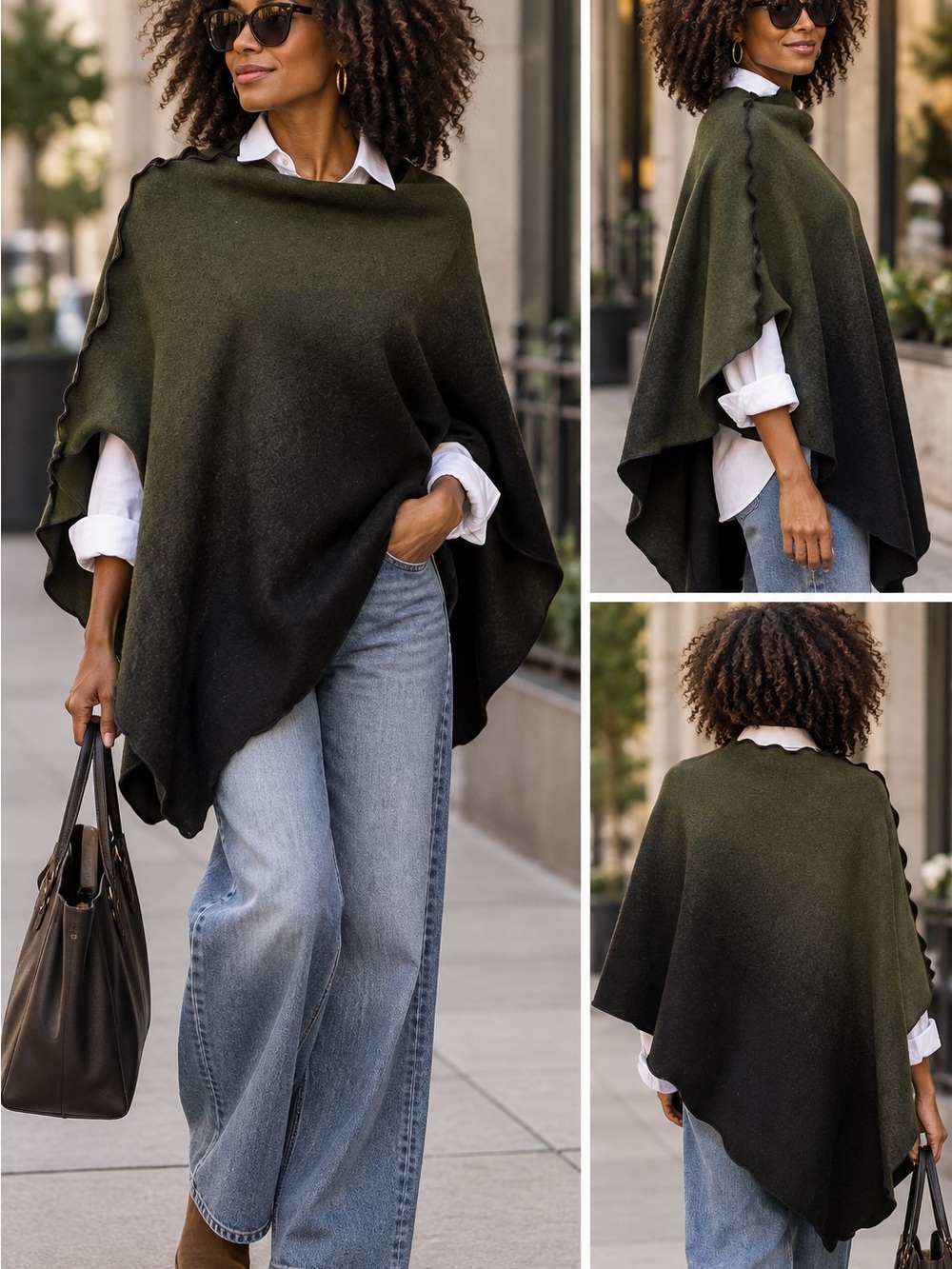 Handcrafted Olive and black ombré Green wool Poncho Sweater OS